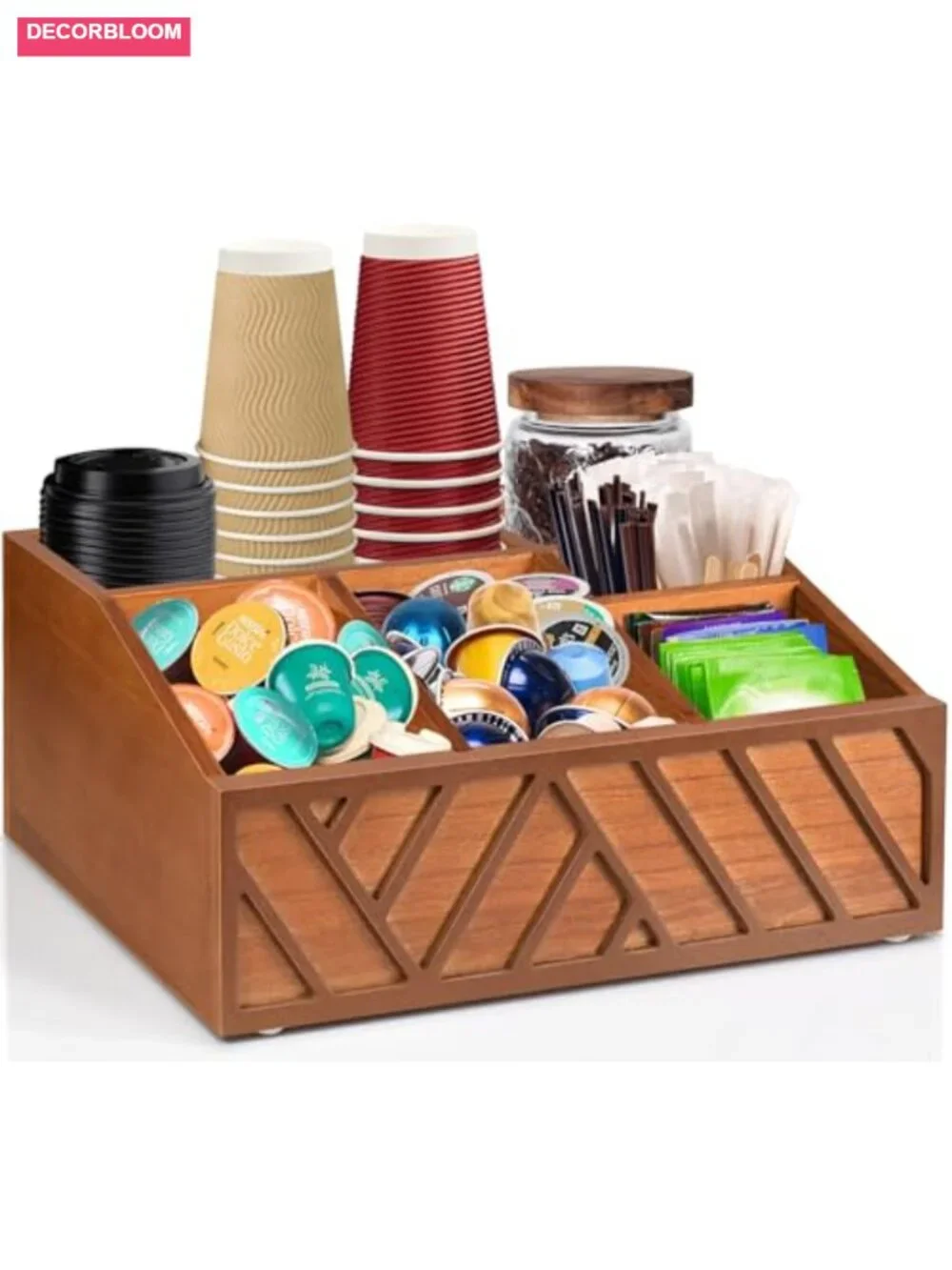 Wood Coffee Pod Holder Storage Basket Organizer with Ramp Design